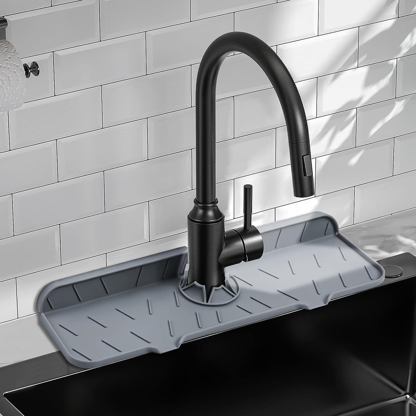 Kitchen Sink Splash Guard - Silicone Sink Faucet Mat Splash Guard Dish Soap Sponge Holder for Kitchen Sink Accessories Gadgets RV Bathroom Camper (Grey)