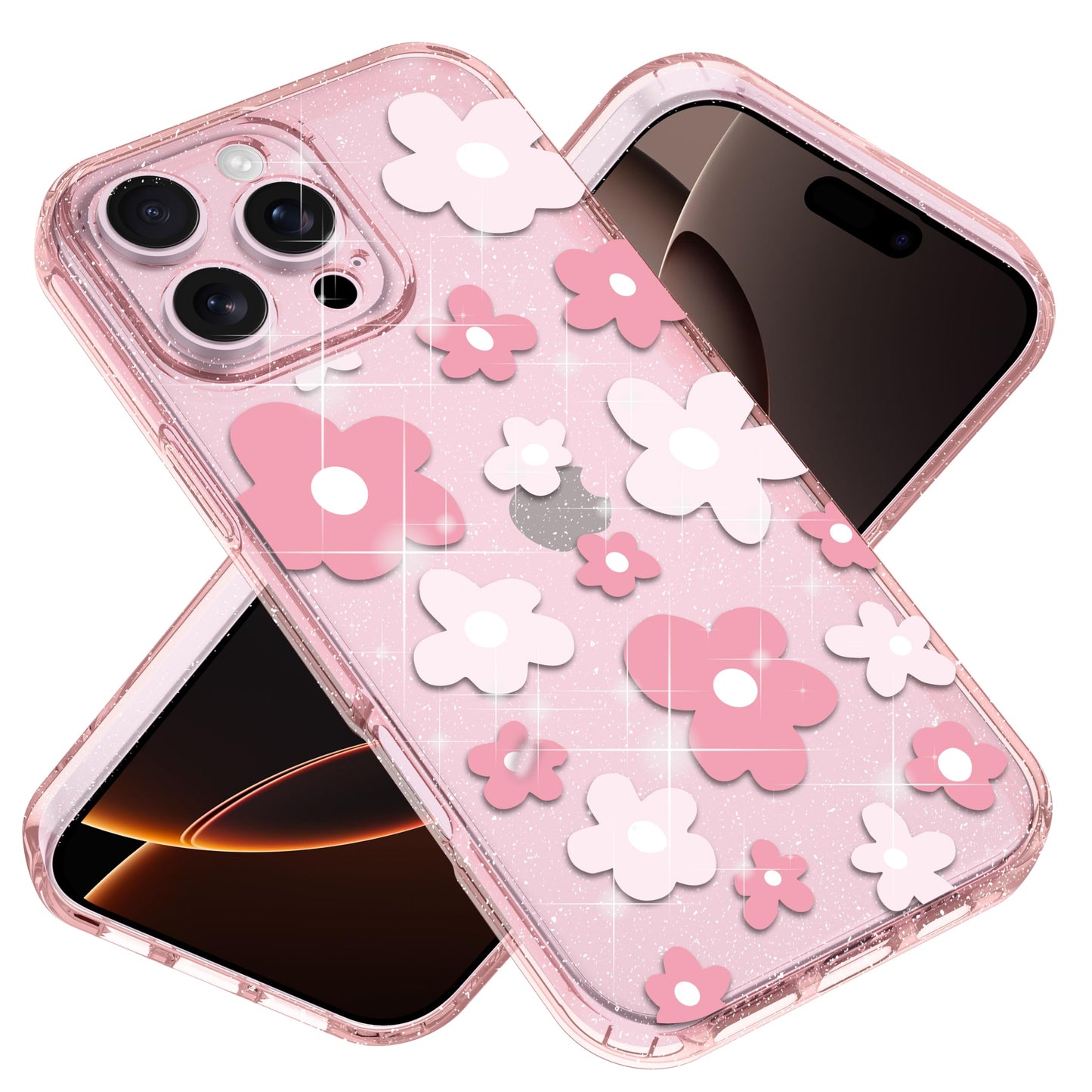 Jmltech for iPhone 16 Pro Max Case Flowers Cute Glitter Bling Sparkle Silicone Flexible Case Women Girly Phone Cases for iPhone 16 Pro Max Pink