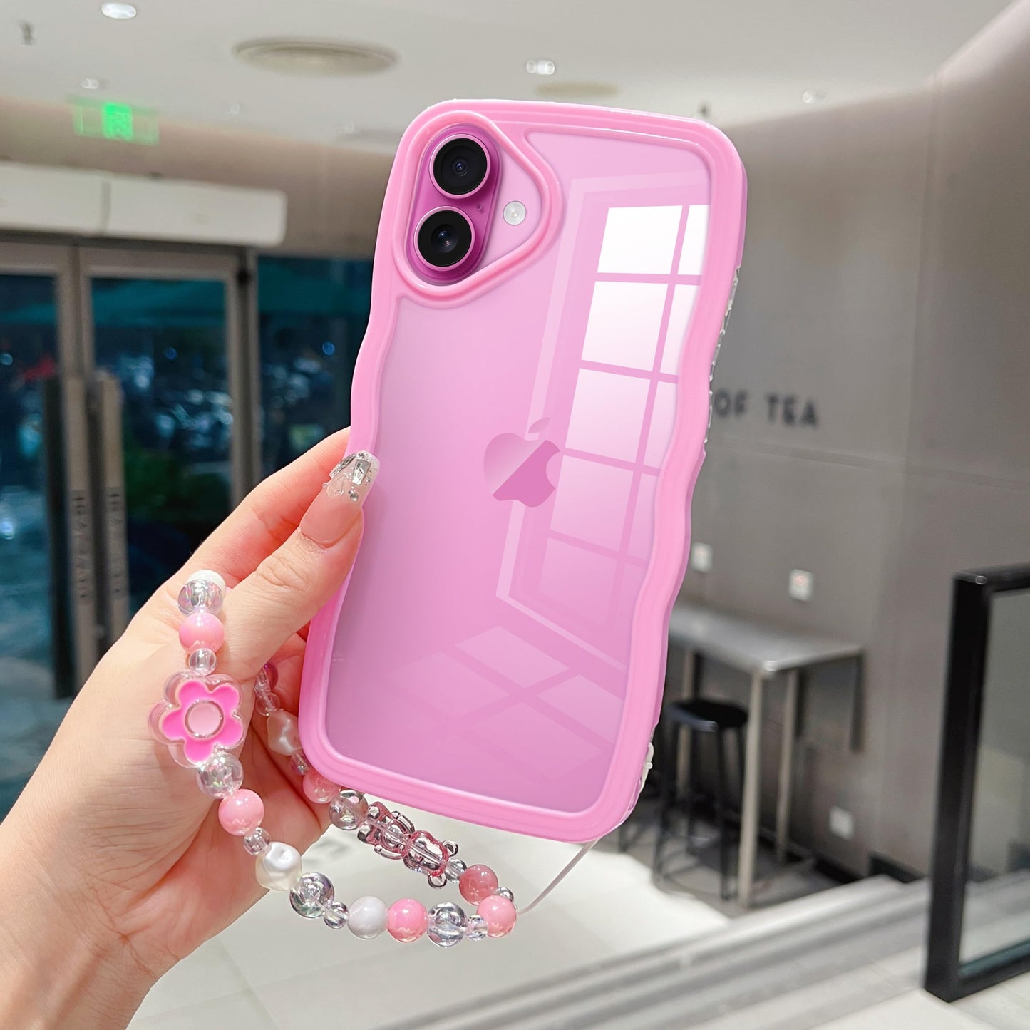 Jmltech for iPhone 16 Plus Case Case Cute Wave with Wristlet Strap Chain Kawaii Girly Wavy Silicone Clear Hybrid Dual Layer Curly Frame Ultra Thin Protective Phone Cases for iPhone 16 Plus Pink